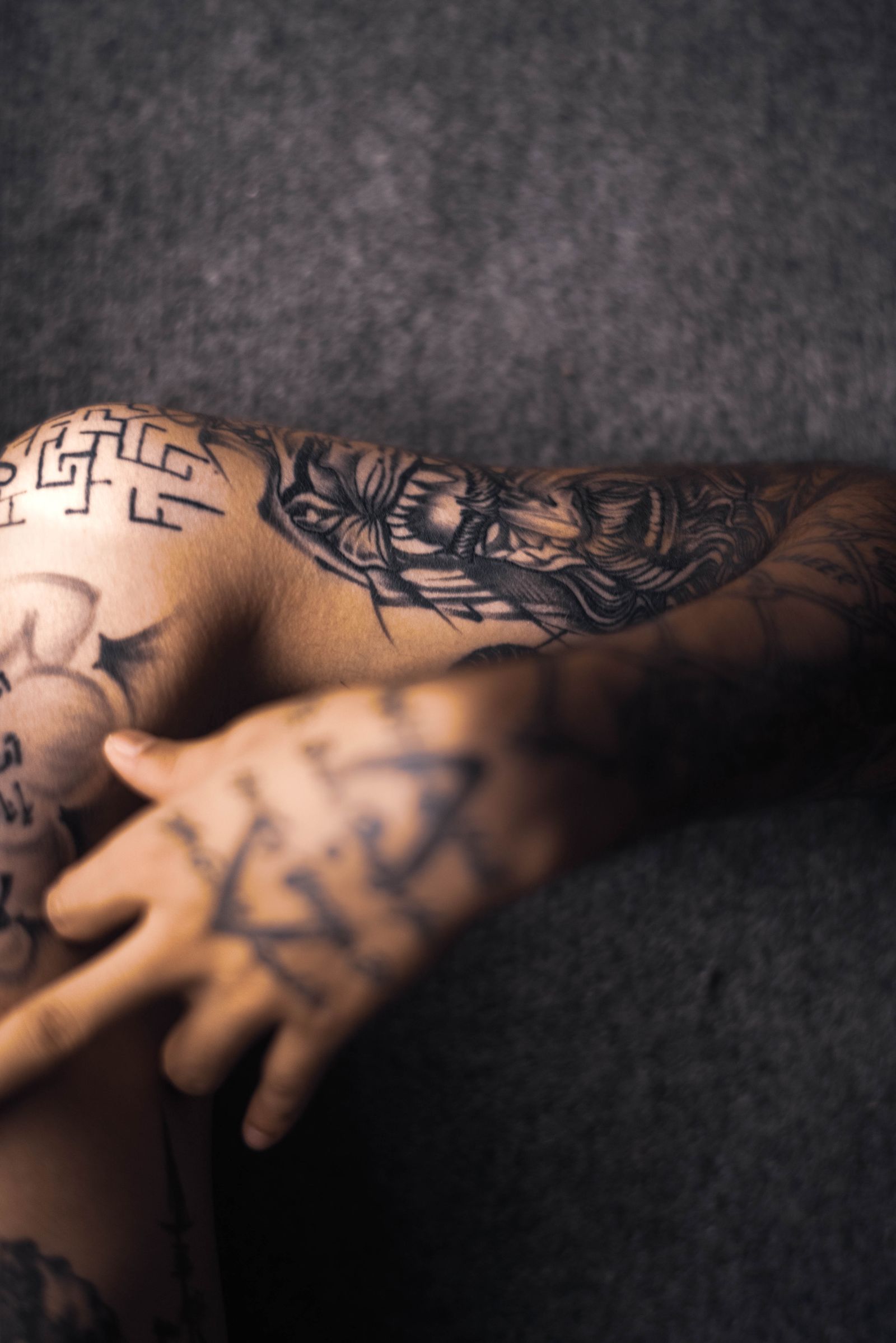 Chicano script lettering tattoo sleeve